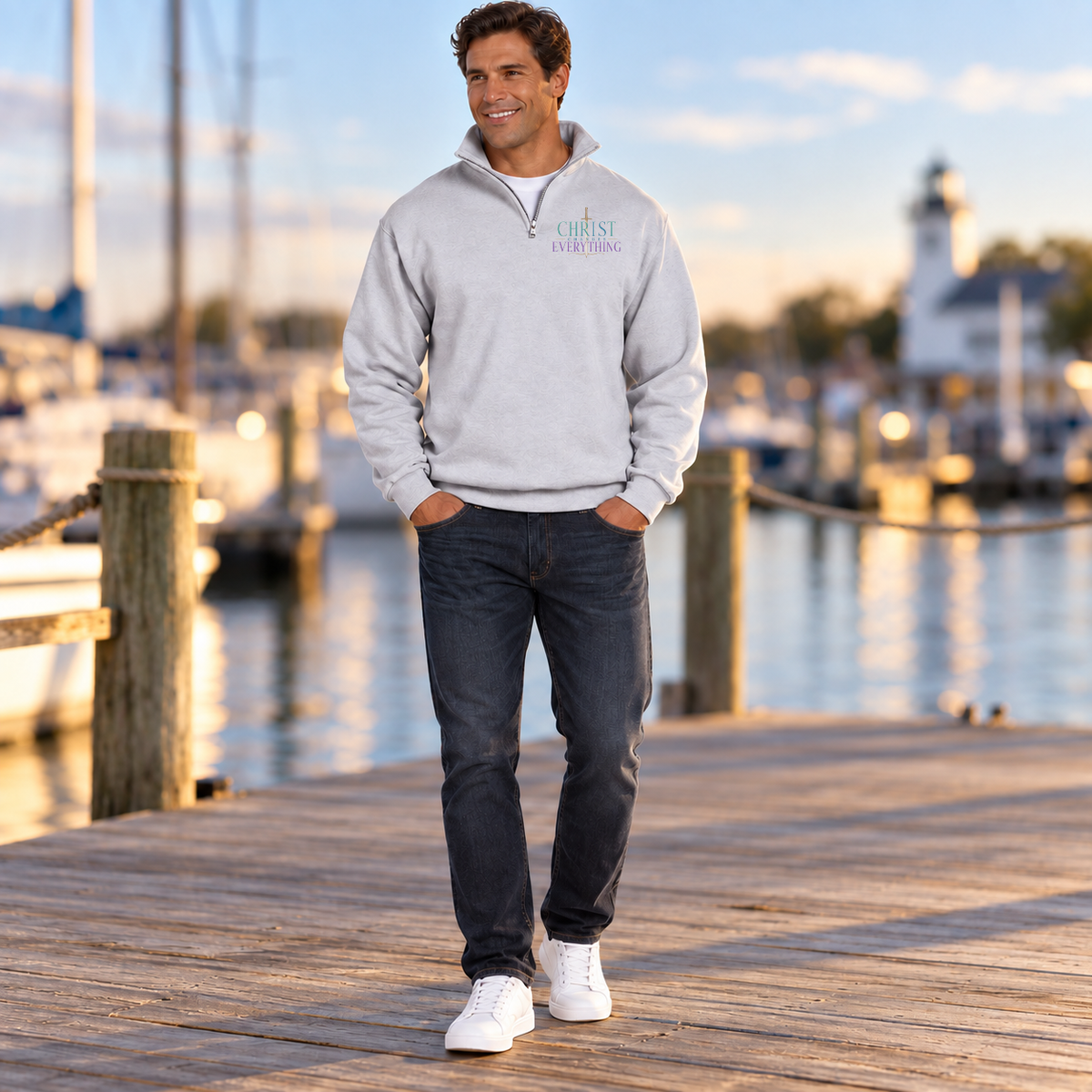 A man stands on a wooden dock wearing a light gray quarter-zip sweatshirt with 'CHRIST IS EVERYTHING' printed on the left chest, paired with dark jeans and white sneakers, with a marina and lighthouse in the background.