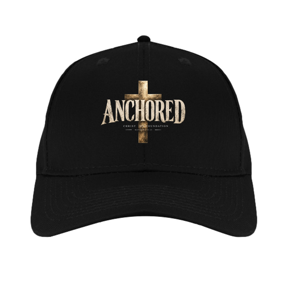 black Christian golf cap with gold cross and ANCHORED lettering, front view.